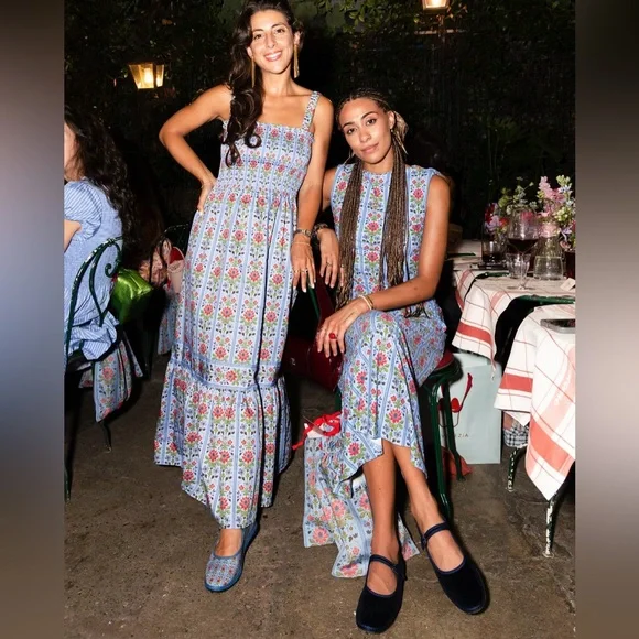 Hill House Anjuli Nap Smocked Cotton Midi Maxi Dress Blue Floral Block Stripe - Picture 8 of 10